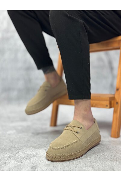 MirgeShoes Bej Bağcıklı Erkek Casual Ayakkabı Kauçuk El Yapımı Espadril Taban...