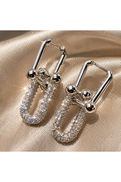 OEM Silver U-Shaped Earrings with Shiny Zirconia, Stainless Steel, 3 cm