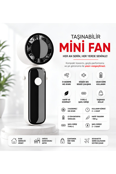 Dexmon Taşınabilir Mini Fan Şarjlı Askılı El Vantilatörü 3 Kademeli Sessiz Gü...