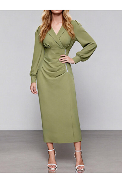 Take Two By Styli Green Fold Pleat Maxi Dress with Long Sleeves