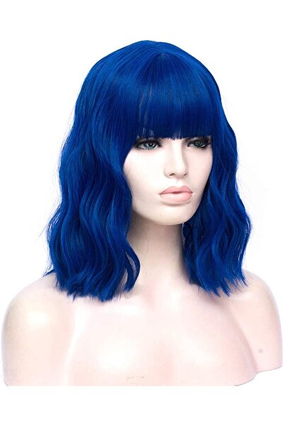 Other Short Blue Wigs for Women Short Wavy Blue Bob Wigs with Bang Synthetic ...
