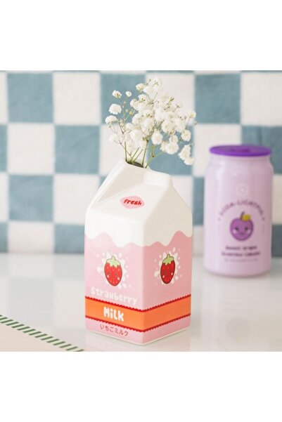 SomethingDifferent Vaza Decorativa Ceramica Strawberry Milk Carton, Stil Kawa...