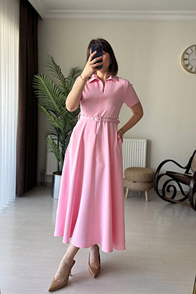 Kubos Moda Polo Collar Adjustable Zippered Pink Midi Dress