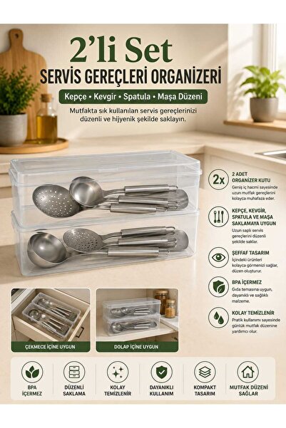 zemihra 2 Adet Servis Gereçleri Saklama Kabı Kepçe Kevgir Spatula Kaşık Çatal...