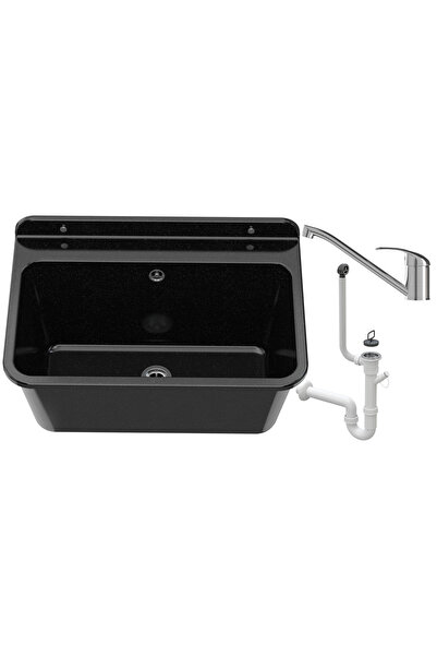 Granitan Large black utility sink Top Bottom Set with Alfi flexible chrome fa...