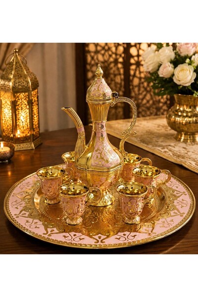 RAHSAN COLLECTİON Pembe Desenli Gold zemzem Seti - Tepsili İkram Takım