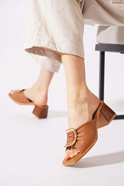 Moda Pie Upena Medium Buckle Layered Thick Heel Genuine Leather Women's Slipp...