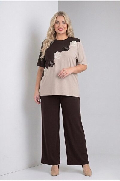Koza Butik Women's Plus Size Short Sleeve Floral Embroidery Two-Color Tracksu...