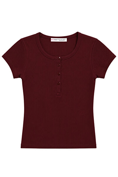 Mixray 2121 Kadın %100 Pamuk Kaşkorse Düğme Detaylı T-Shirt Bordo
