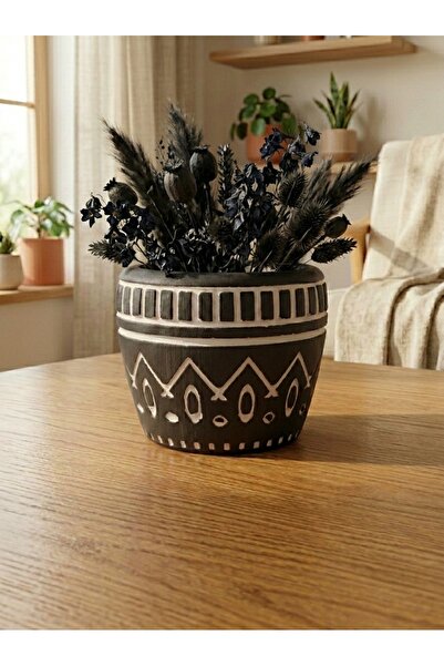mora store Dekoratif Beton Saksı Siyah Bohem İskandinav Desenli 14,5x12 cm | ...