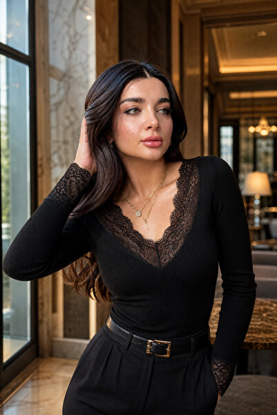 Modark Women's Black Lace Detailed V-Neck Camisole Blouse - Long Sleeve Ribbe...