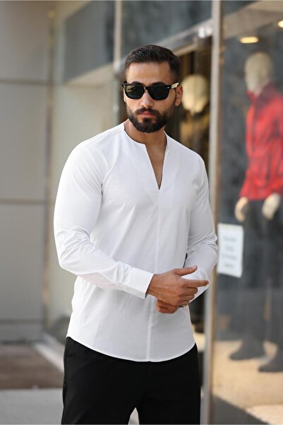 BAYIM Erkek V Kesim Hakim Yaka Slim Fit Sade Tasarım Uzun Kollu Gömlek