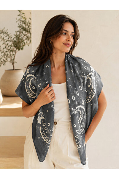 Luminos Butik Women's Anthracite Cotton Kujten 90X90 Scarf Shawl Flr4000