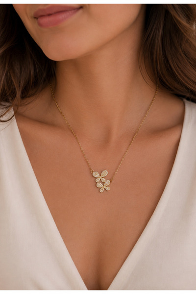 Belasso Steel Gold Color Zircon Stone Flower Model Women's Necklace