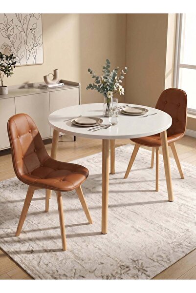 Taimi 3-Piece Modern Dining Set Round White Table 80x80x72cm With 2 Brown Lea...