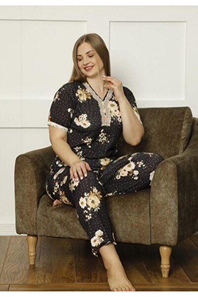 BOYRAZ Women's Big Size Pajamas, short sleeves, long pants, brown color, Flor...