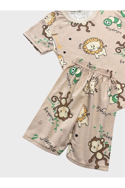 tusem butik homewear Boys' Cotton Beige Color Monkey Safari Patterned Short Sleeve Summer Shorts Pajama Set