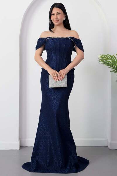 PULLIMM Straplez Yaka Taşlı Dantel Elbise DMN226