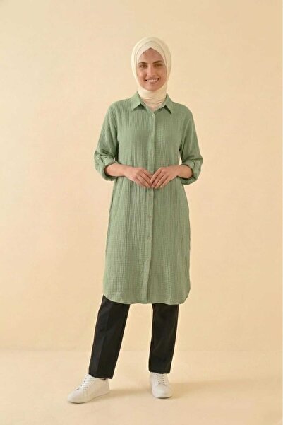 PORİENTO Olive Green Women's 100% Cotton Muslin Fabric Long Sleeve Hijab Shir...