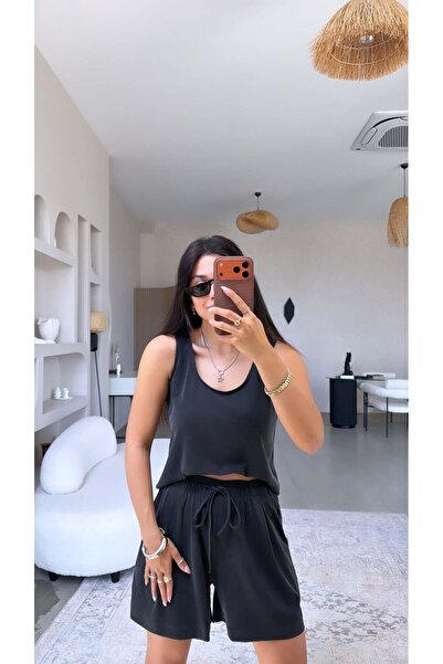 Buket Teke Siyah Şort Atlet Pike Modal Premium Takım