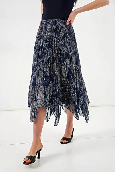 buğrahayalin Women's Asymmetrical Pleated Floral Patterned Chiffon Navy Blue ...