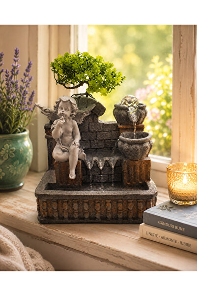 OEM Resin Angel Water Fountain with LED Light & Bonsai Tree | 30 × 20 × 40 cm