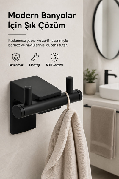 Alper Banyo Premium F1 Model Siyah Bornoz ve Havlu Askısı Paslanmaz Çelik Montajlı Banyo Havluluk 5 Yıl Garantili