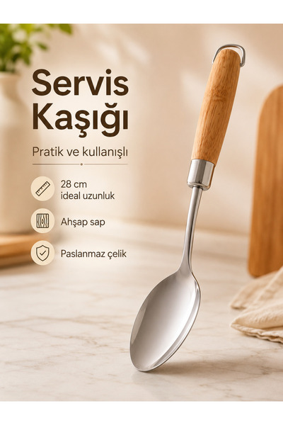 VD Ahşap Saplı Paslanmaz Çelik Servis Kaşığı Yemek ve Salata Servis Kaşığı