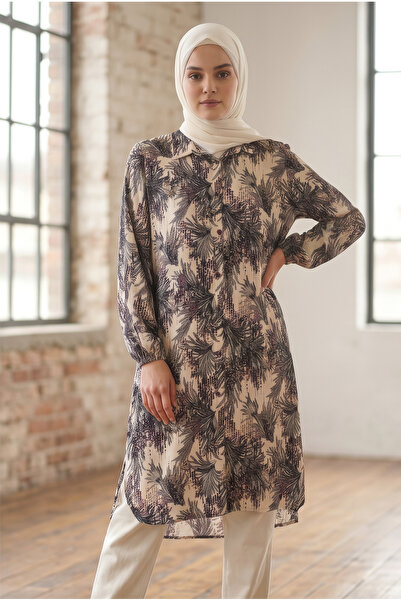 tuvadi Women's Purple Authentic Leaf Patterned Viscose Shirt - Hijab Shirt, B...