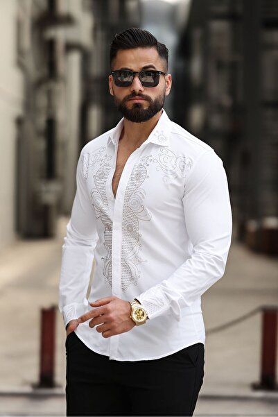 BAYIM Damla Motifli Slim Fit Erkek Taş İşlemeli Klasik Yaka Gömlek
