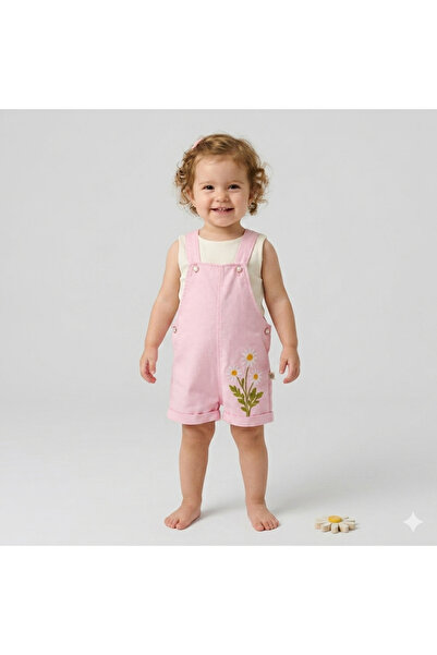 Saninbaby Papatya Nakışlı Pembe Kız Bebek Salopet Takım
