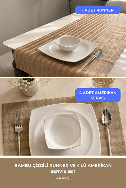 Ship Art Şık Bambu Runner ve 4'lü Amerikan Servis Set | Dekoratif Masa ve Sof...