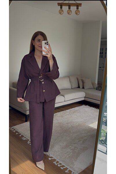 PARLAFASHION Parlabutik01 Mürdüm Kemer Detaylı Takım