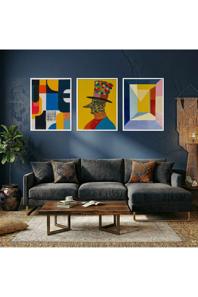 KOLAJTASARIM Set de 3 tablouri din lemn cu portret abstract geometric colorat...