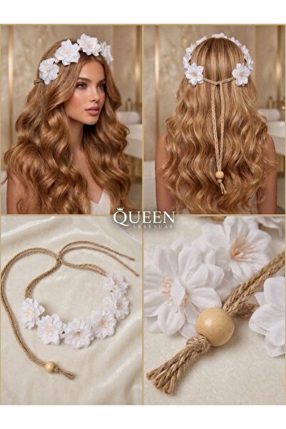 QUEEN AKSESUAR Special Design White Artificial Flower Helen Model Straw Rope ...