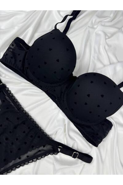 ROZENİN LINGERIE Kalp Baskılı Destekli Dolgulu Sütyen Tanga İç Çamaşırı Takımı
