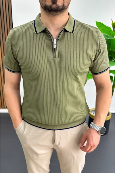 Edwox Men's Polo Collar Striped T-Shirt Khaki Edw472