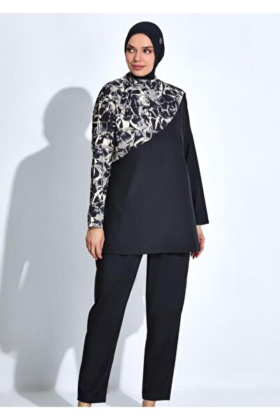 allsea Women's Long Sleeve Patterned Black Full Hijab Swimsuit C3T7N46