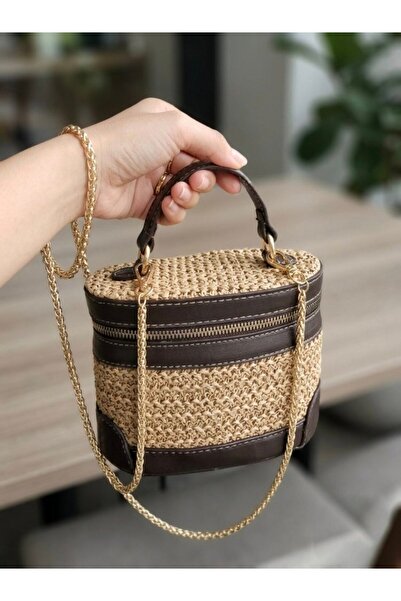 NO BRAND Women's Straw Weave Mini Cylinder Hand and Shoulder Bag - Gold Chain...