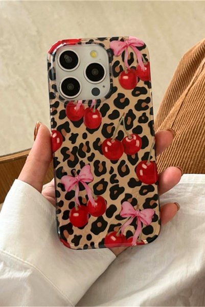 EWEC iPhone 16 Uyumlu Leopar ve Pembe Fiyonklu Kiraz Desenli Hologramlı IMD Premium Telefon Kılıfı