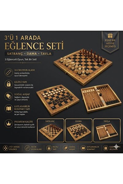 e-life Lüks Ahşap Katlanabilir 3'ü 1 Arada Satranç Dama Tavla Seti Kilitli Pr...