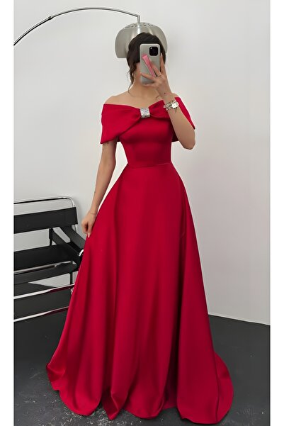 MBK Fashion Kırmızı Saten Uzun Abiye Elbise Kayık Yaka Fiyonk Detaylı