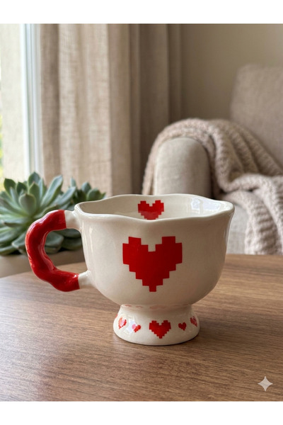 PALTO TASARIM Pixel Heart Printed Handmade Cream Glossy Ballerina Mug - Handc...