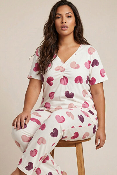 Siyah İnci Ecru Patterned Large Size Oversized Viscose Knitted Pajama Set