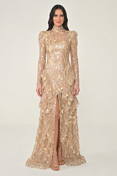 ALFABETA High-End Evening Dress Sequined Mesh See-Through Long-Sleeved Dress