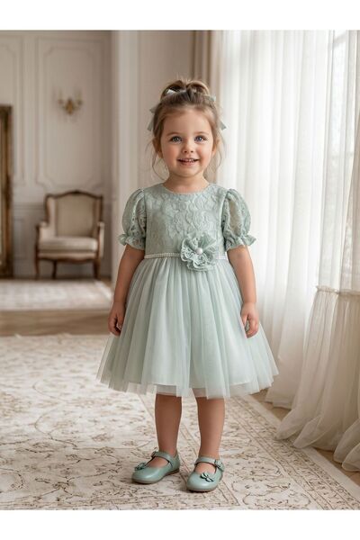 Cherrys Bebek Pearl Embellished Lace and Tulle Detailed Girls' Evening Dress