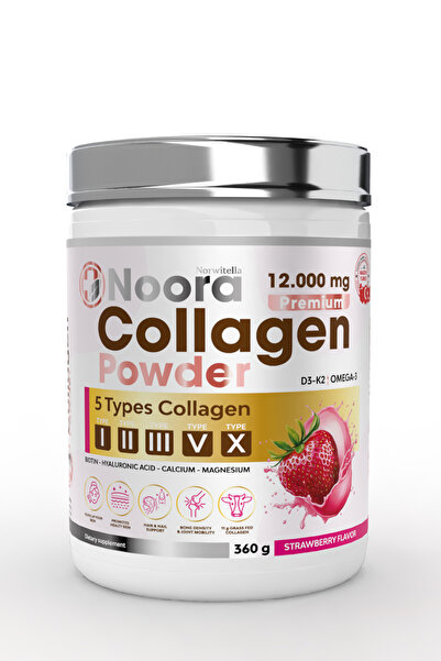 Noora Collagen Powder 360 Gr Strawberry Flavored 5 Types of Collagen + D3 K2 Omega-3 Supported Collagen