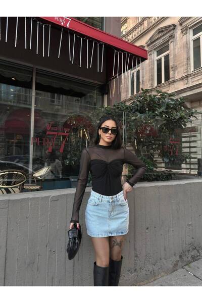 ZAVIXO Tulle Gathered Blouse with Piping