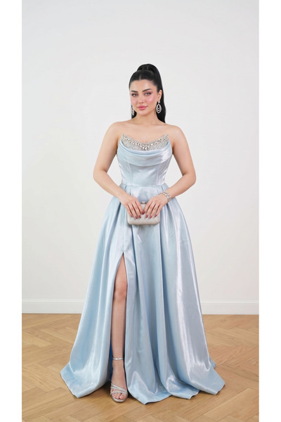ABİYECİM ABİYE STRAPLEZ TAŞ DETAYLI SATEN PEMBE ABİYE