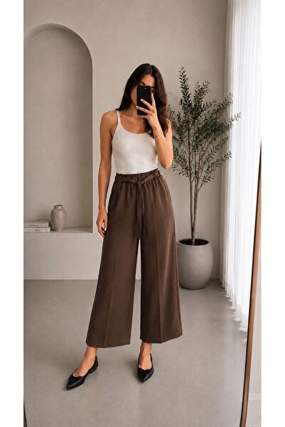 Heyya Women's Tie-Waist Belted Fabric Trousers Brown